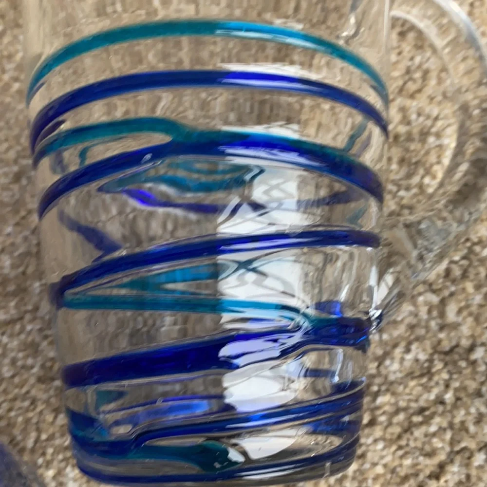 Pier 1 Glass two-tone blue glass pitcher with 3 matching glasses